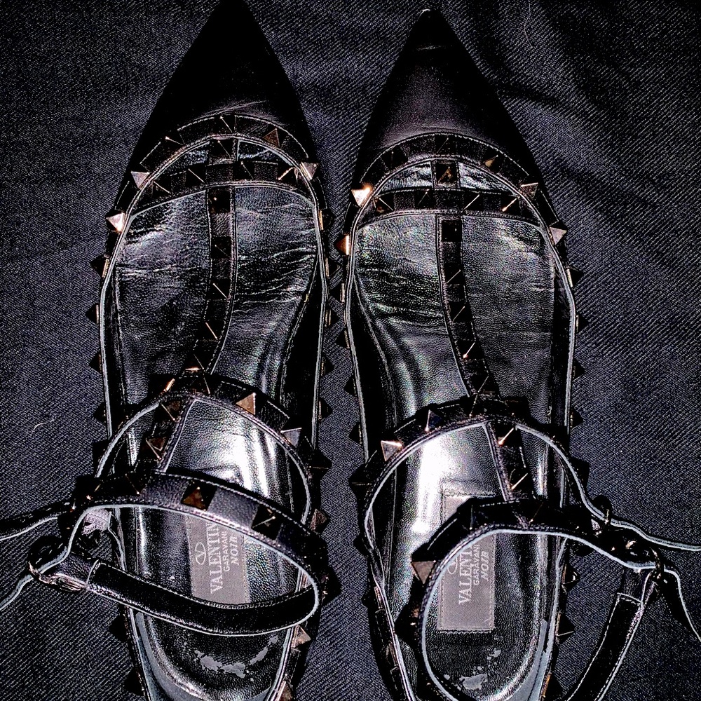 Black, Valentino Rockstud Caged Ballet Flats - Size 39